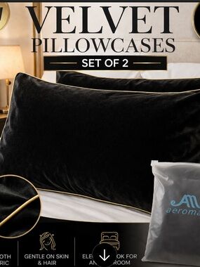 Aeromax Velvet Pillowcases Set of 2 – Black – Ultra Soft Luxury – New